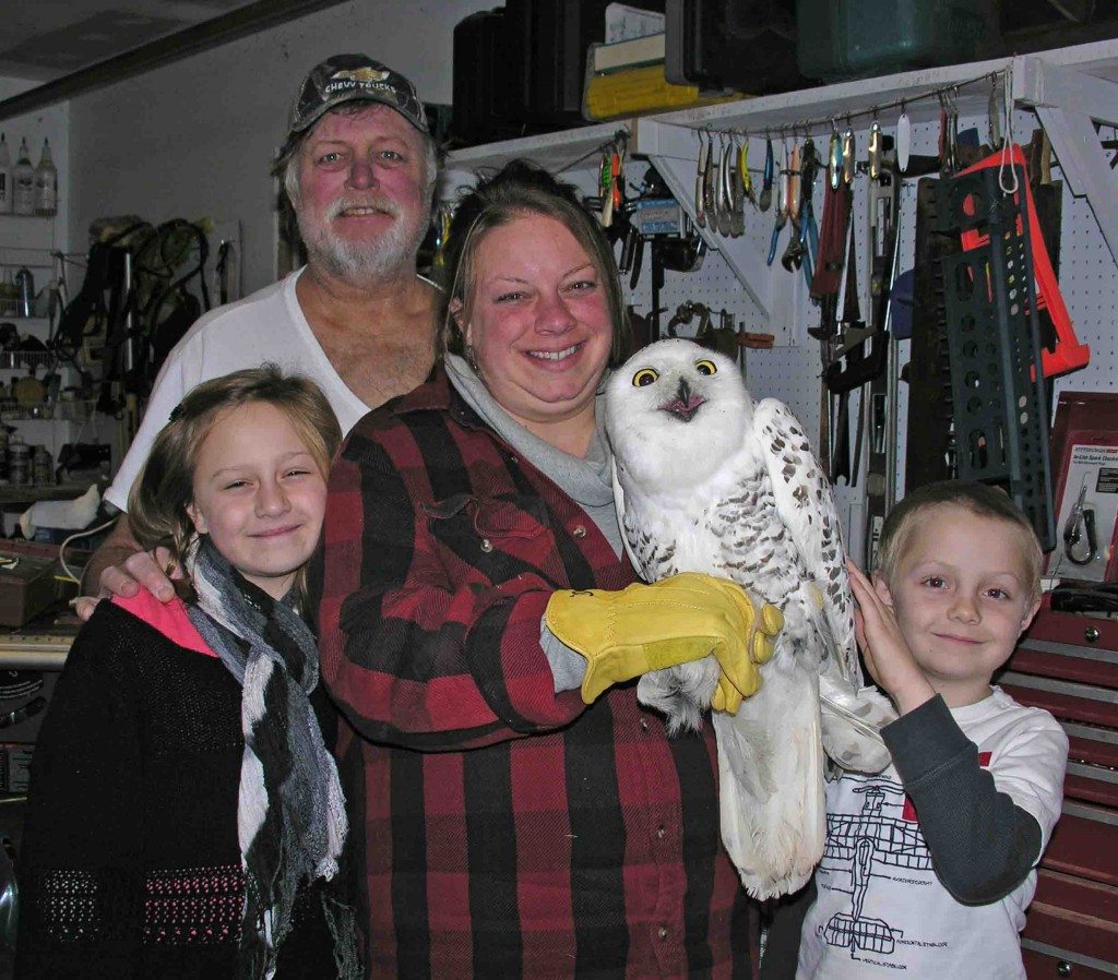 Bob and Kathy Gallagher, who with their kids have been assisting Tom McDonald with his snowy owl research in upstate New York for years, hold Flanders -- the first tagged owl of the 2015-16 season -- before her release. (©Tom McDonald)