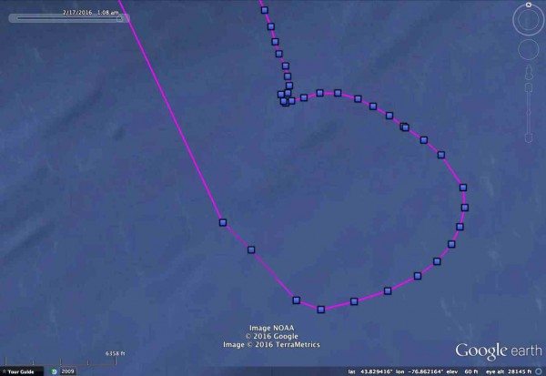 A close-up of Tibbetts' track. The squares represent stationary locations, 30 minutes apart, so you can see how the wind shifted from north to east, and strengthened before he flew back to land. (©Project SNOWstorm and Google Earth)