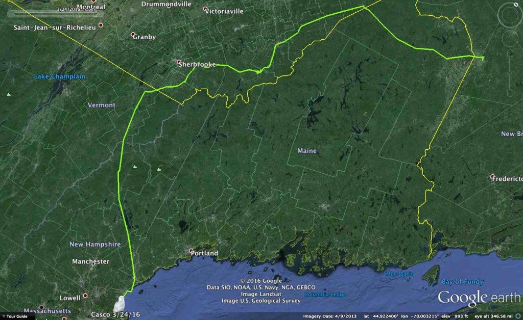 Casco's round-abount route back to the coast -- a grand tour that crossed six states and provinces in the past three weeks. (©Project SNOWstorm and Google Earth)