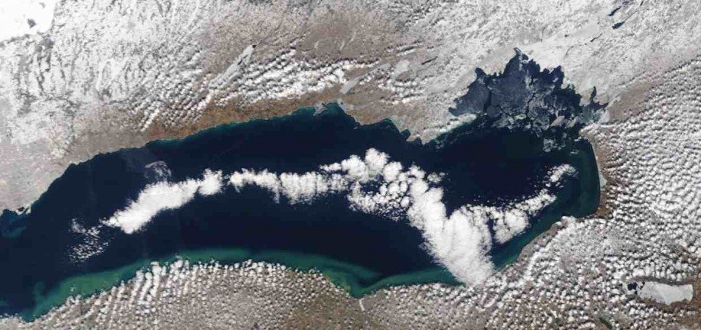 What little ice there was this winter on Lake Ontario is rapidly decaying. (This image is from March 6; it's been too cloudy the past few days for satellite photos.) (NOAA CoastWatch)