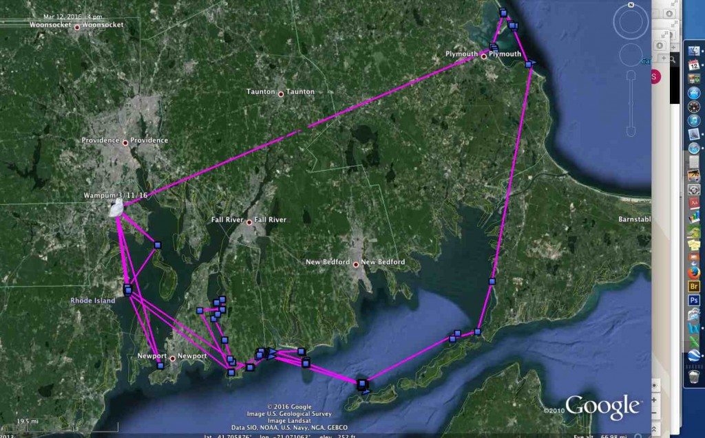 Wampum's circumnavigation around southern New England the past two months, after we'd all but given up on her. (©Project SNOWstorm and Google Earth)