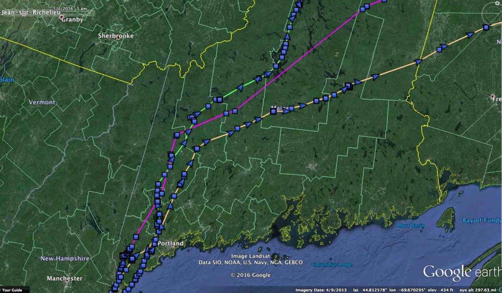 Salisbury (purple), Brunswick (green) and Casco (orange) followed remarkably similar routes north through western Maine, then diverged as they headed to the Gulf of St. Lawrence (©Project SNOWstorm and Google Earth)