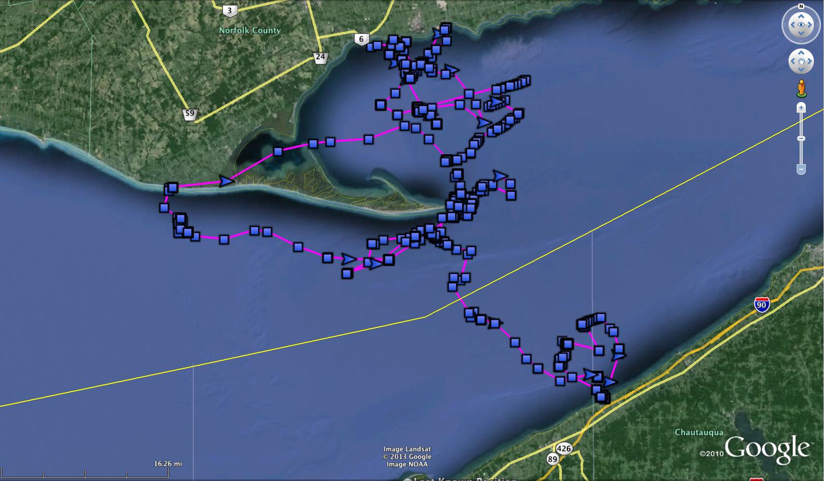 Erie's 276-mile track across and around Lake Erie, from Jan. 27 to Feb. 14 (©Project SNOWstorm)