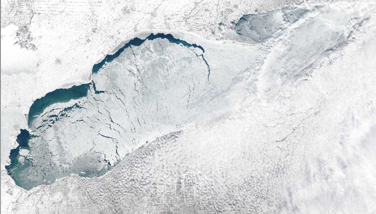 The ice cover on Lake Erie isn't a solid sheet, but rather huge ice plates that open and close as the wind pushes them. (NOAA CoastWatch imagery)
