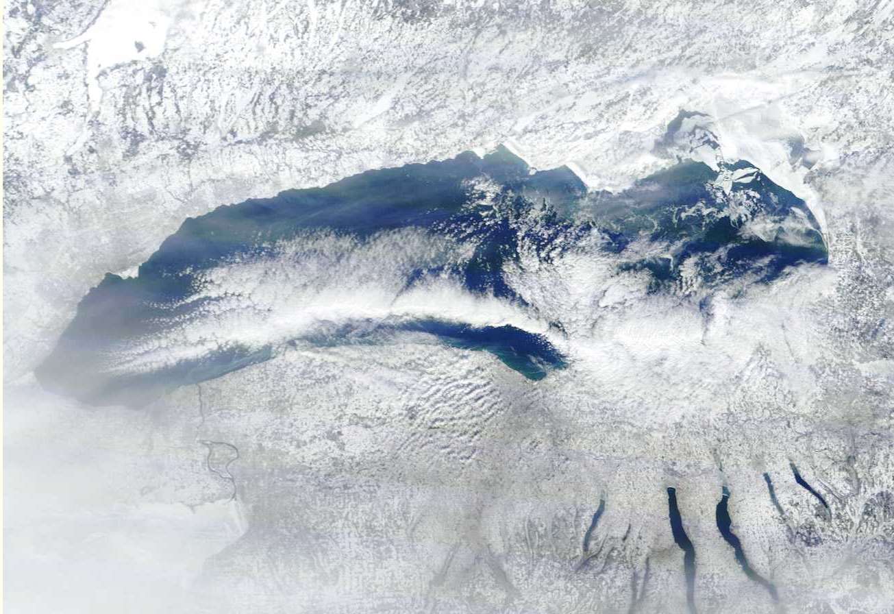 Lake Ontario, largely ice-free despite the dreaded polar vortex. (NOAA CoastWatch imagery)