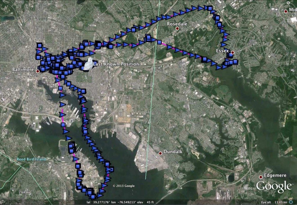 Monocacy's movements since Saturday, with locations collected every 30 seconds. (©Project SNOWstorm and Google Earth)