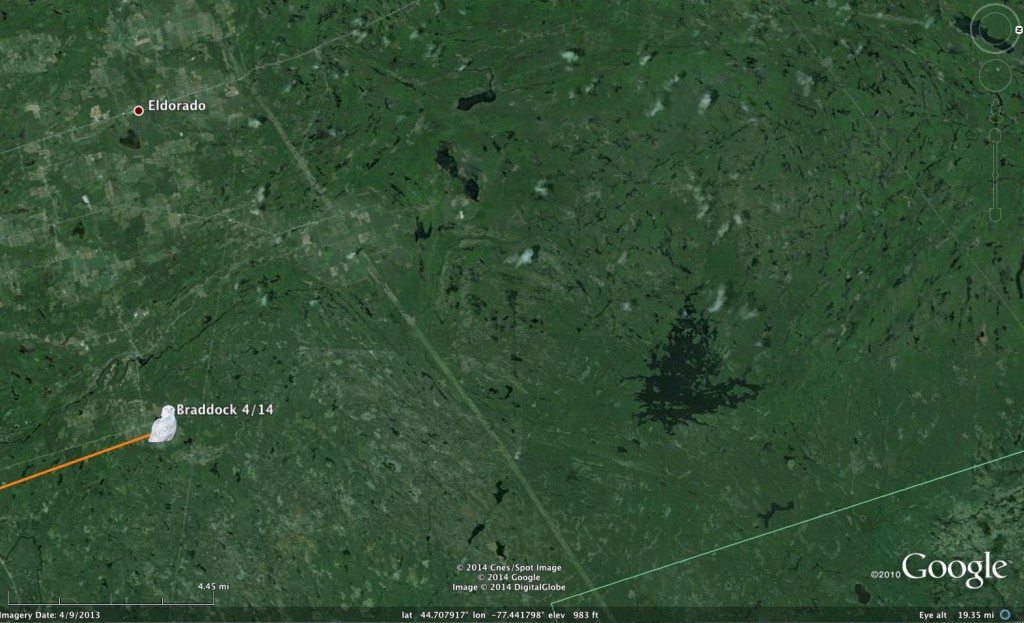 Braddock, on the last bit of farmland before the boreal forest begins. (©Project SNOWstorm and Google Earth)