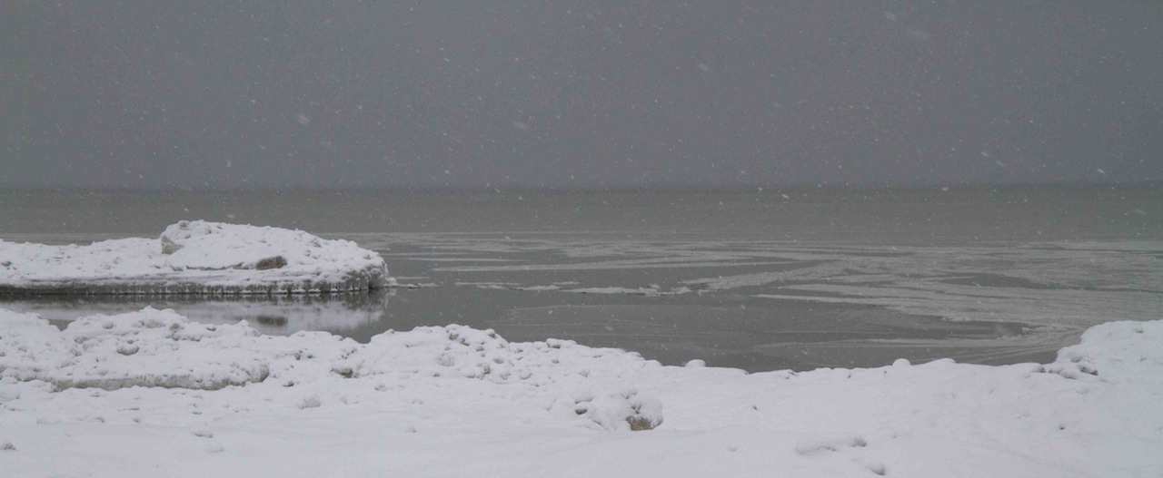 Under lowering clouds and falling snow, the waters of Lake Erie coagulate into slush and ice -- perfect habitat for snowy owls. (©Scott Weidensaul)