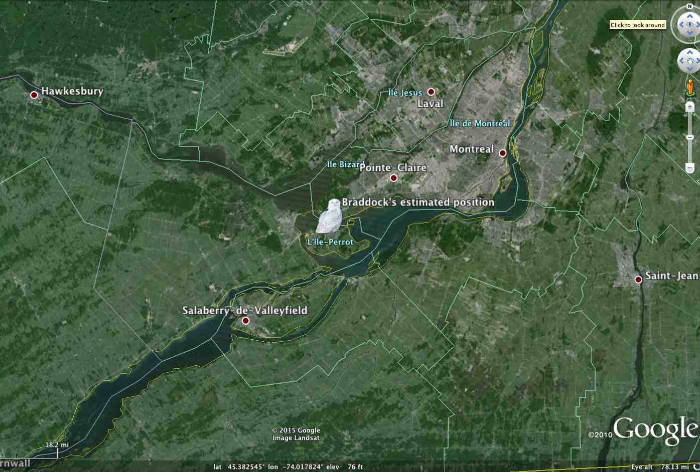 Braddock's estimated current location, just southwest of Montreal (©Project SNOWstorm and Google Earth)