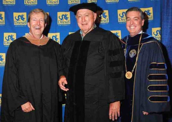 Academy of Natural Sciences president George Gephardt (left) and Drexel University president John Fry (right) congratulate Jim Macaleer on his honorary degree in 2012. (Courtesy Drexel University)
