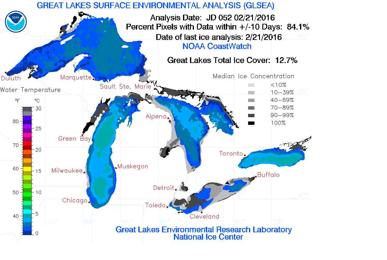Ice conditions on the Great Lakes -- all that blue is open water, a far cry from the past two winters. (NOAA CoastWatch)